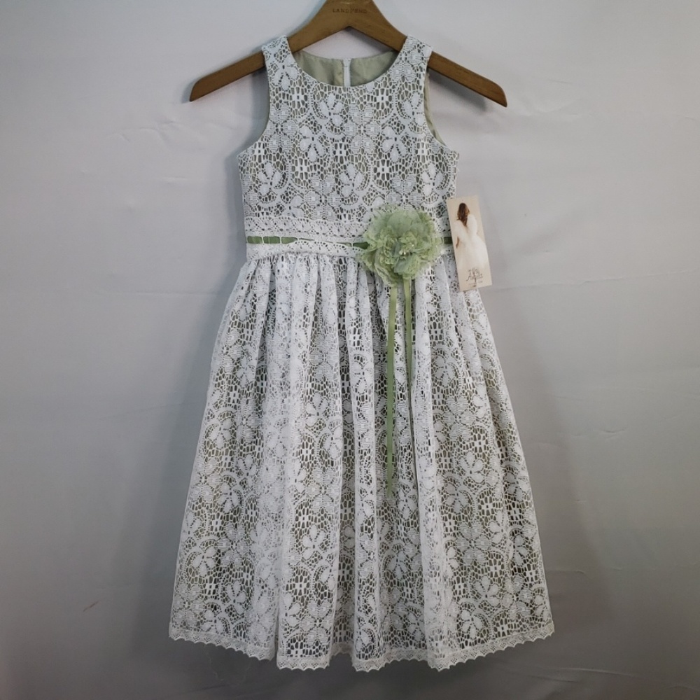 US ANGELS FLOWER GIRL DRESS IVORY LACE GREEN 6